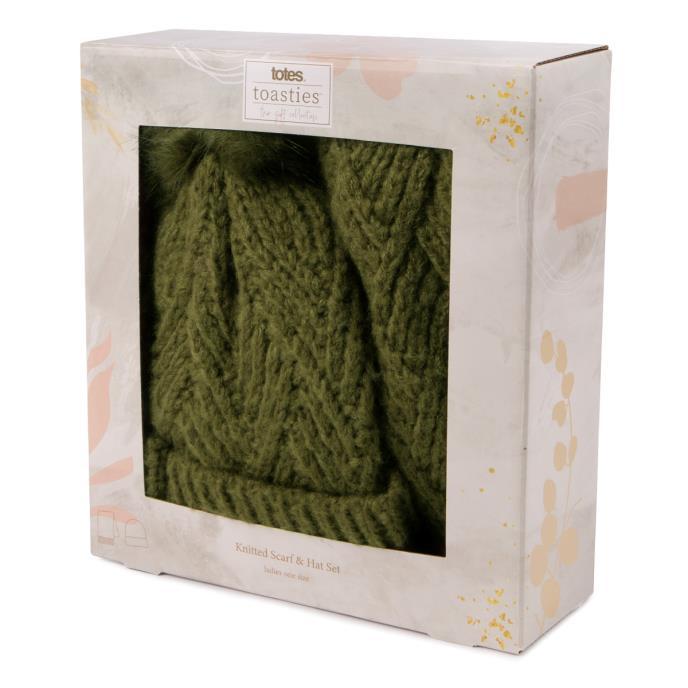 totes Ladies Knitted Hat & Scarf Gift Set Khaki Extra Image 1
